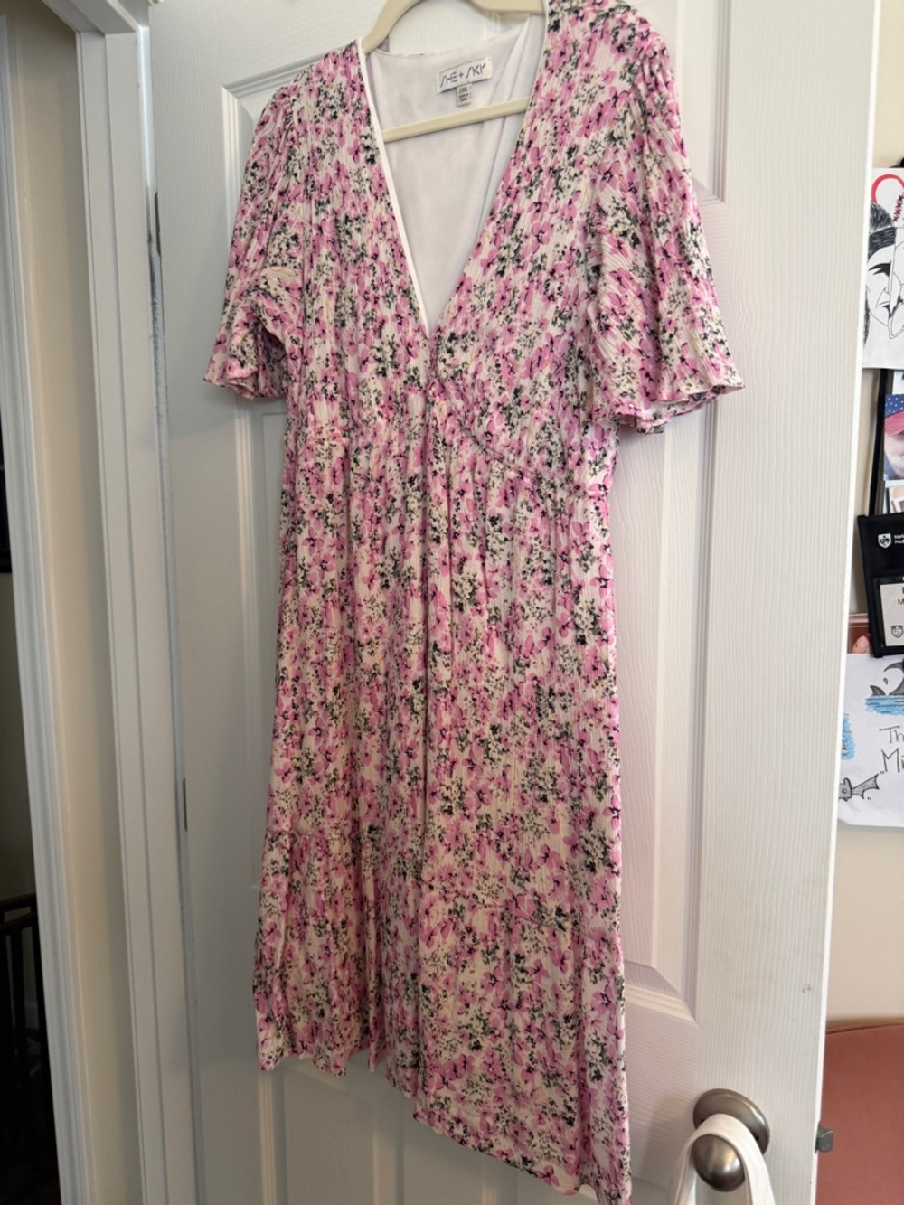 She + Sky Pink Floral V-Neck Midi Dress with Green Accents